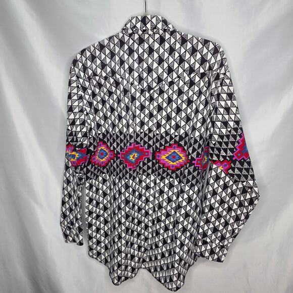 Vintage Wrangler Cowboy Cut Black & White Aztec Button Front Shirt 16 1/2- 34 - Picture 10 of 16